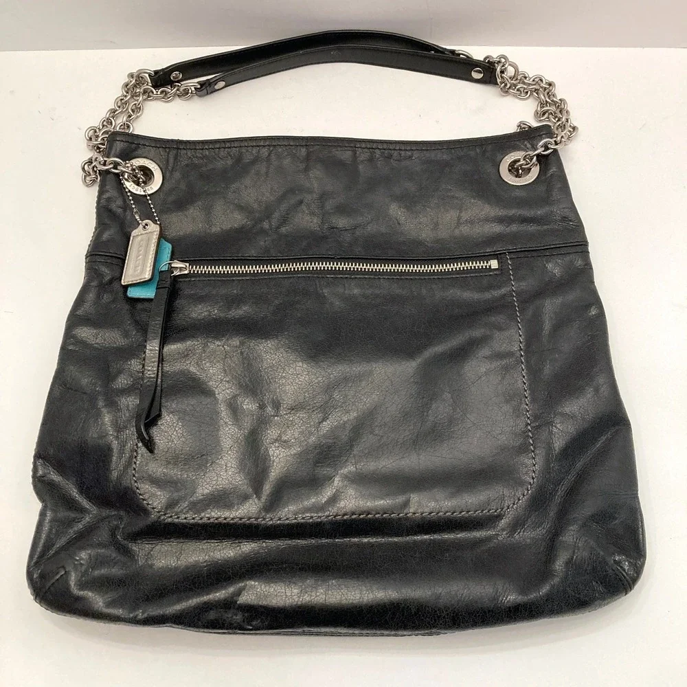 Coach Poppy Slim Tote Sliding Chain G1282-21199 Black Leather Bag Convertible
